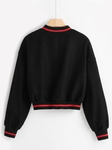 Letter Patched Striped Trim Drop Shoulder Varsity Jacket - Black - View 2