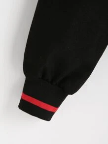 Letter Patched Striped Trim Drop Shoulder Varsity Jacket - Black - View 3