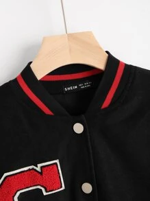 Letter Patched Striped Trim Drop Shoulder Varsity Jacket - Black - View 4