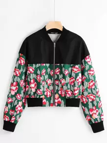 Floral Print Drop Shoulder Bomber Jacket - Multicolor - View 1