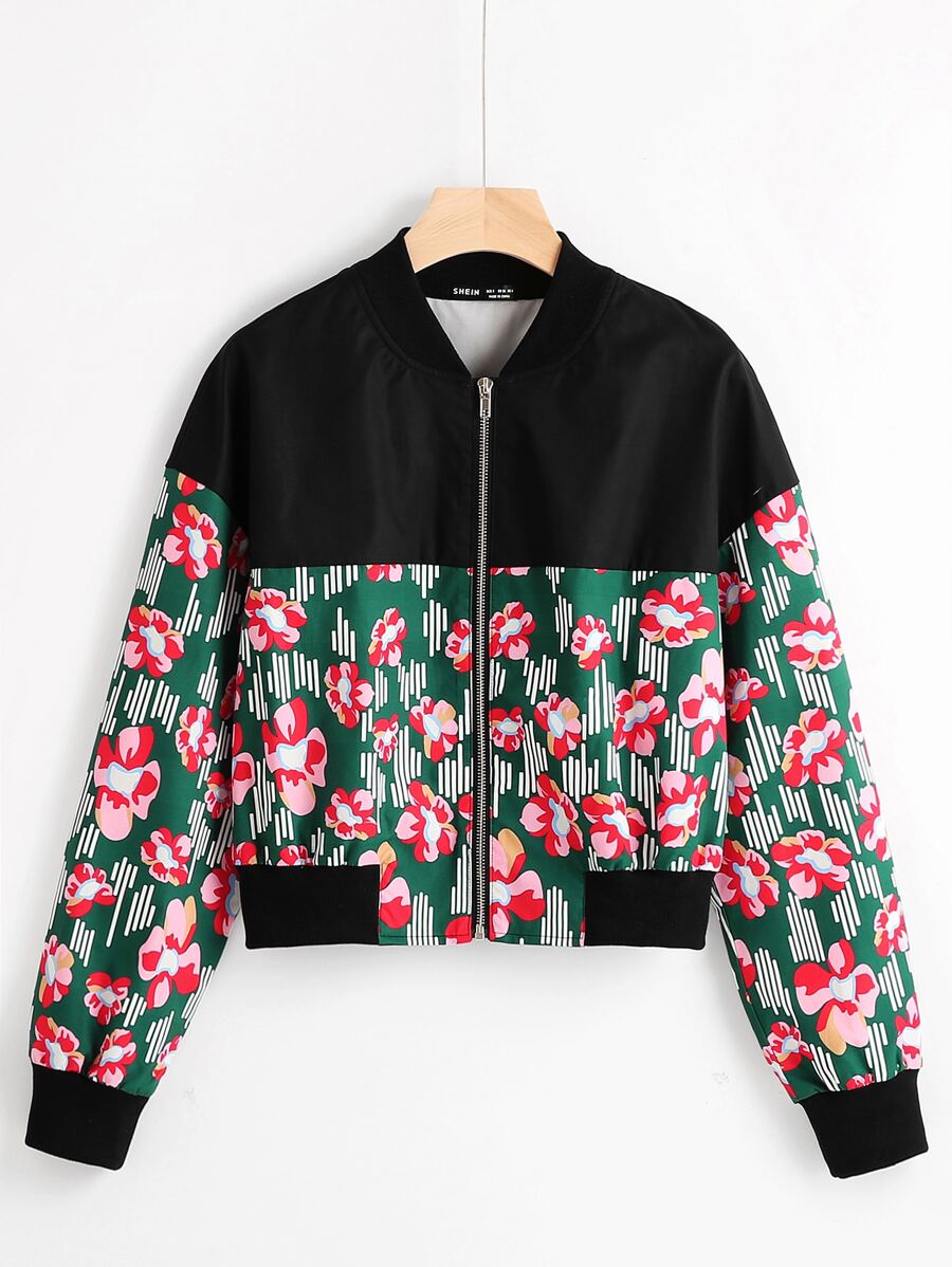 Floral Print Drop Shoulder Bomber Jacket - Multicolor - View 1