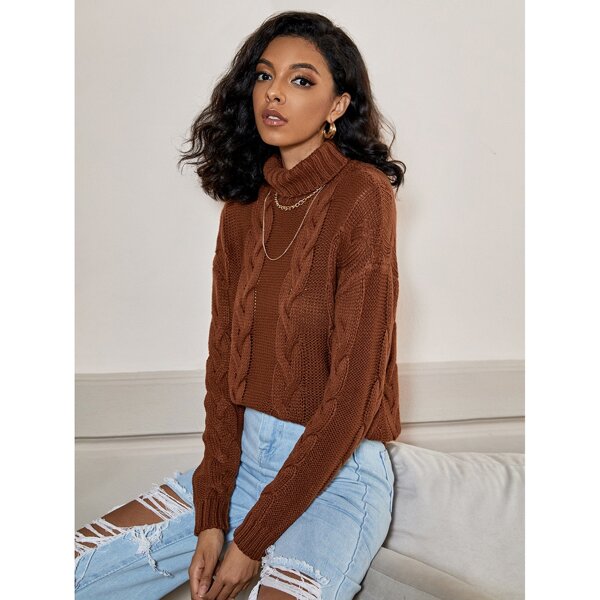 

Cable Knit Drop Shoulder High Neck Sweater, Coffee brown