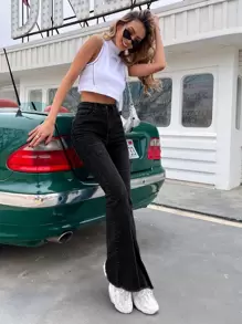 EMERY ROSE 高腰毛邊下擺傘狀牛仔褲 - 黑色 - 查看 4