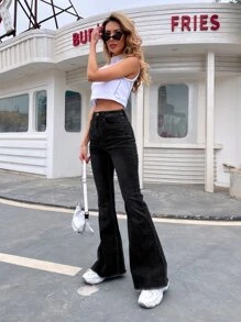 EMERY ROSE 高腰毛邊下擺傘狀牛仔褲 - 黑色 - 查看 6