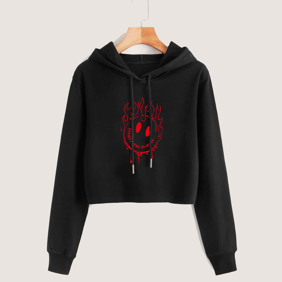 

Slogan Graphic Drawstring Crop Hoodie, Black