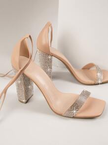 SHUZIA 方形露趾條帶繫帶高跟鞋 - 杏色 - 查看 2