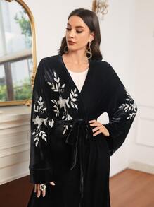 Al Najma Floral Embroidery Belted Velvet Abaya - Black - View 4