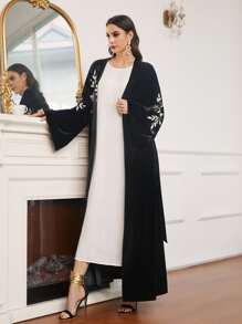 Al Najma Floral Embroidery Belted Velvet Abaya - Black - View 5