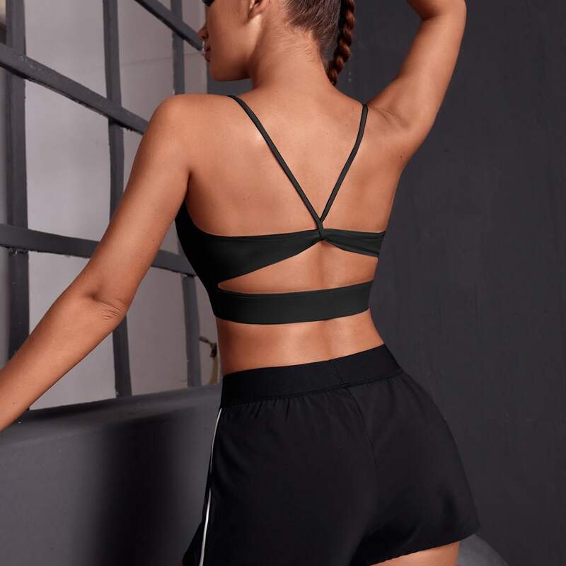 

Light Support Solid Cut Out Back Sports Bra, Black