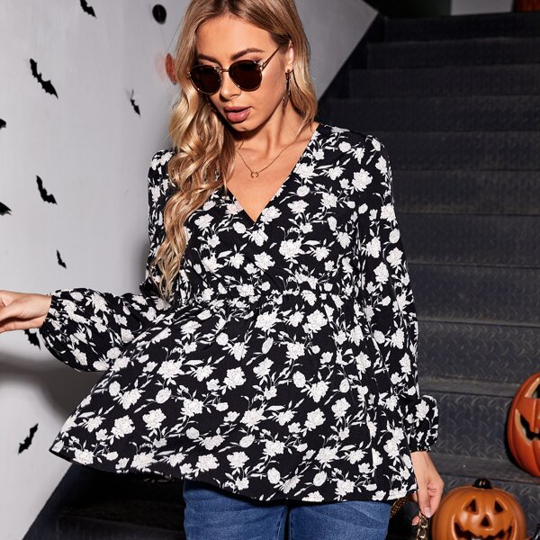 

Maternity Floral Print Lantern Sleeve Peplum Blouse, Black and white