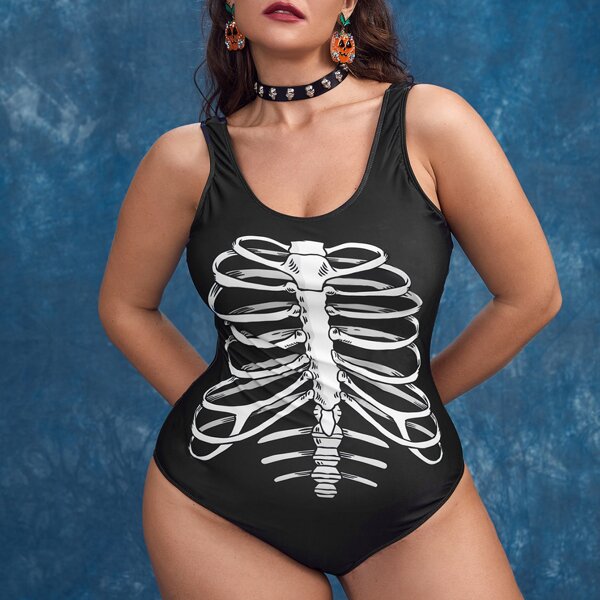 

Plus Skeleton & Flower Print One Piece Swimsuit, Black