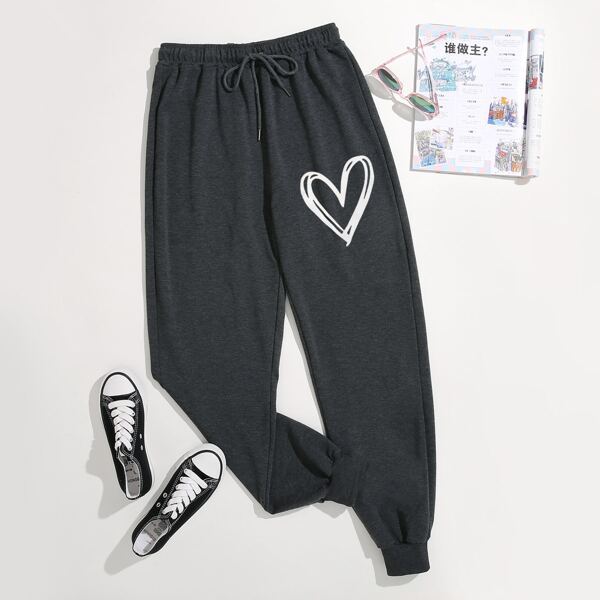 

Heart Print Drawstring Waist Sweatpants, Dark grey
