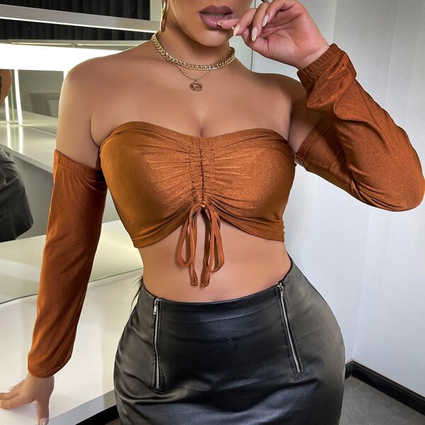 

Off Shoulder Drawstring Front Crop Top, Rust brown