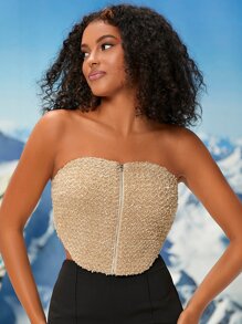 SHEINNeu Áo nữ Dây kéo màu trơn Gợi cảm - Màu Khaki - Xem 4