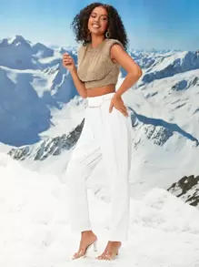 SHEINNeu Áo hai dây Pha lê kim cương màu trơn Gợi cảm - Màu Khaki - Xem 6