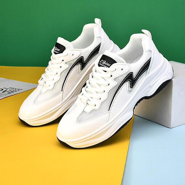 

Letter Graphic Mesh Panel Chunky Sneakers, Black and white