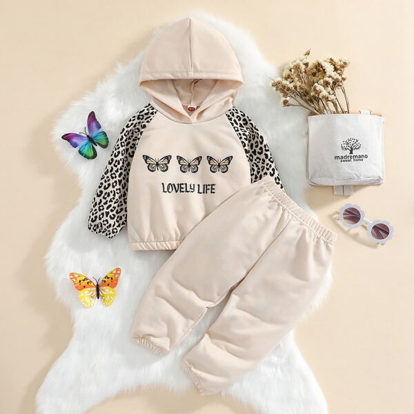 

Baby Leopard & Butterfly Print Raglan Sleeve Hoodie & Sweatpants, Khaki