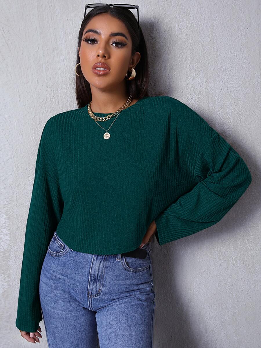 SHEIN Essnce Drop Shoulder Solid Tee - Green - View 1