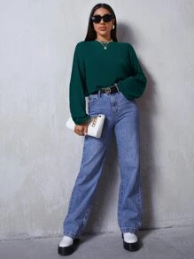 SHEIN Essnce Drop Shoulder Solid Tee - Green - View 5