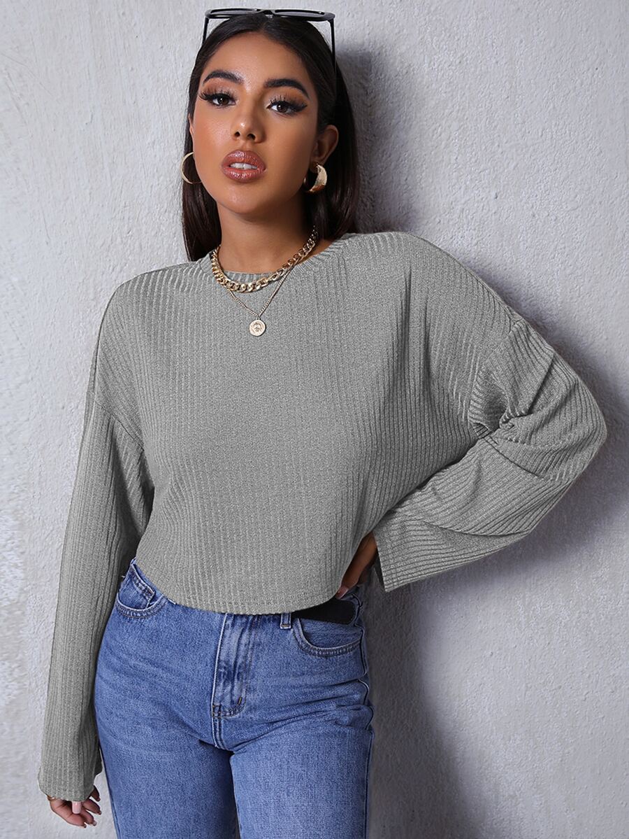 SHEIN Essnce Drop Shoulder Solid Tee - Grey - View 1