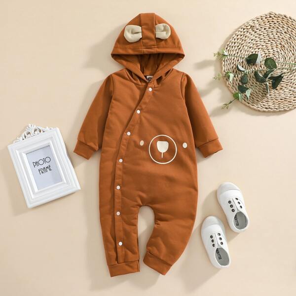 

Baby Cartoon Graphic 3D Ear Patched Hooded Jumpsuit, Brown