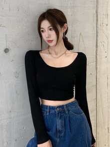 素色U型領短款T恤 - 黑色 - 查看 3