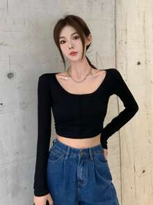 素色U型領短款T恤 - 黑色 - 查看 6