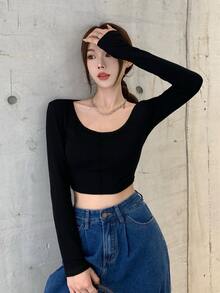 素色U型領短款T恤 - 黑色 - 查看 7