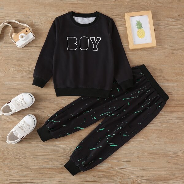 

Toddler Boys Letter Graphic Pullover & Splash Ink Sweatpants, Black