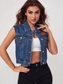 Cazadora chaleco con diseño de parche mezclilla - Azul lavado medio - Ver 3