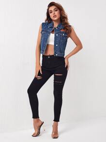 Cazadora chaleco con diseño de parche mezclilla - Azul lavado medio - Ver 4