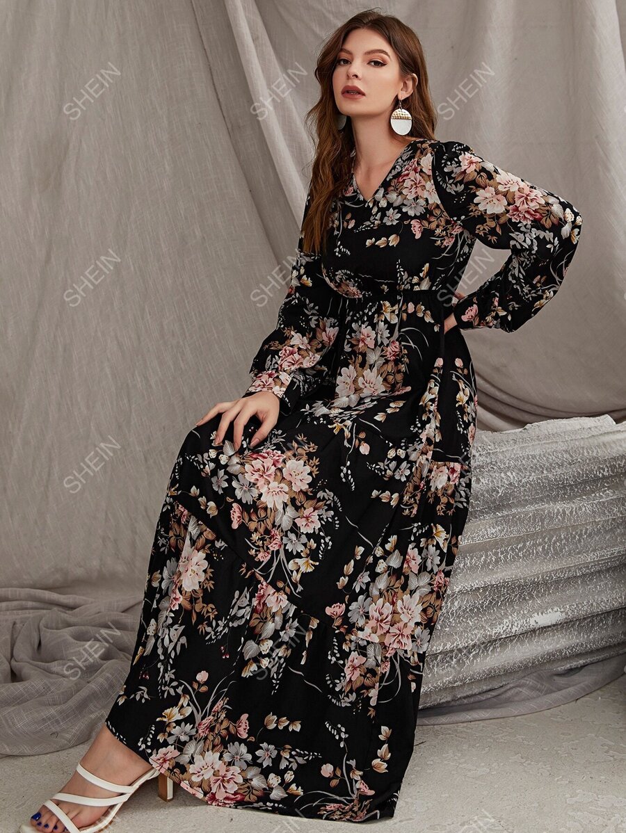 Seusyu Rochie modestă cu mânecă lungă cu tiv cu volan cu imprimeu floral - Multicolor - Vizualizare 1