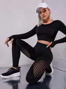 Seamless High Stretch Solid Thumb Hole Sports Set - Black - View 1