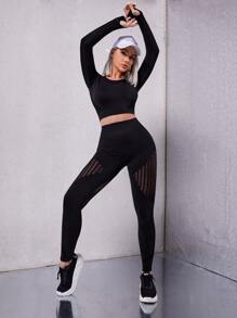 Seamless High Stretch Solid Thumb Hole Sports Set - Black - View 6