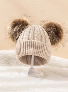1pc Women's Thicken Knitted Hat With Dual Pom Poms, Ear Warmer Beanie Halloween - Khaki - View 1