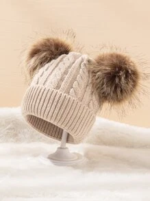 1pc Women's Thicken Knitted Hat With Dual Pom Poms, Ear Warmer Beanie Halloween - Khaki - View 2