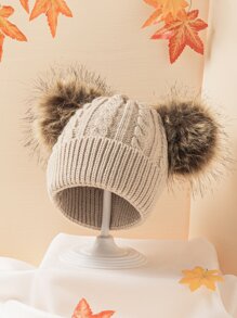 1pc Women's Thicken Knitted Hat With Dual Pom Poms, Ear Warmer Beanie Halloween - Khaki - View 4