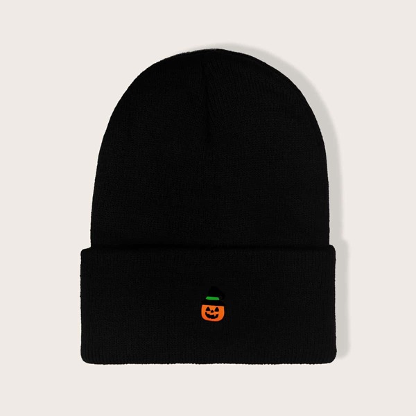 

Halloween Pumpkin Print Knit Beanie, Black