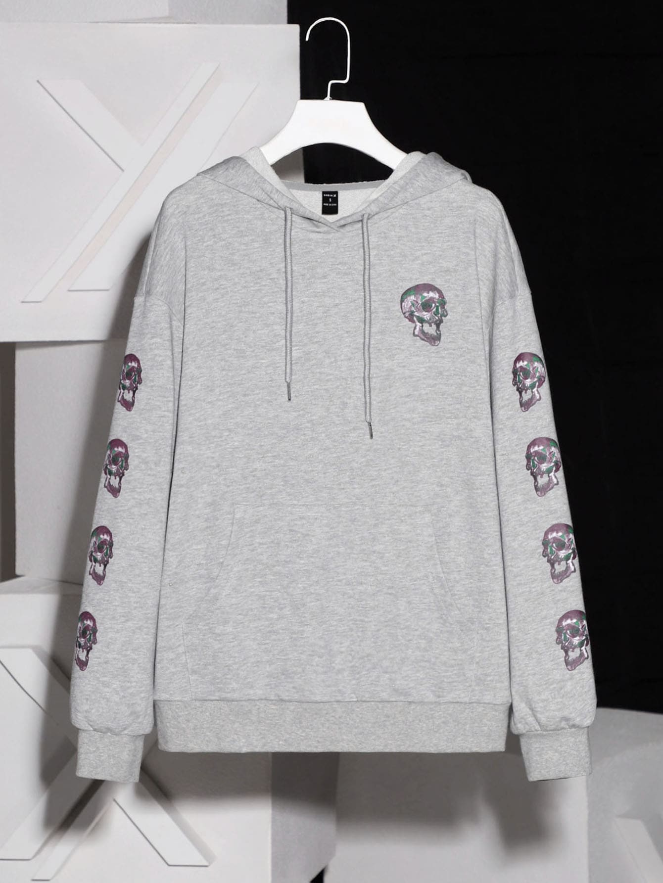 SuzetteVidaArtworks Capucha estampado de cráneo con cordón de hombros caídos - Gris Claro - Ver 1