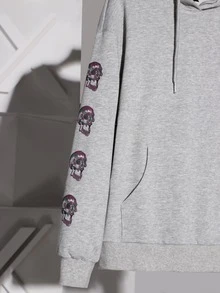 SuzetteVidaArtworks Capucha estampado de cráneo con cordón de hombros caídos - Gris Claro - Ver 4