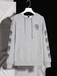 SuzetteVidaArtworks Capucha estampado de cráneo con cordón de hombros caídos - Gris Claro - Ver 5