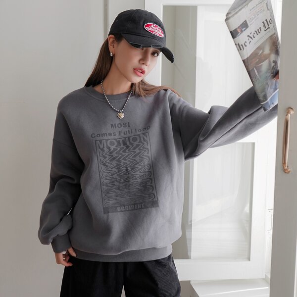 

Wave & Slogan Graphic Drop Shoulder Pullover, Grey