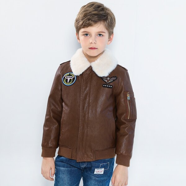 

Boys Borg Collar Patched Detail PU Leather Jacket, Chocolate brown
