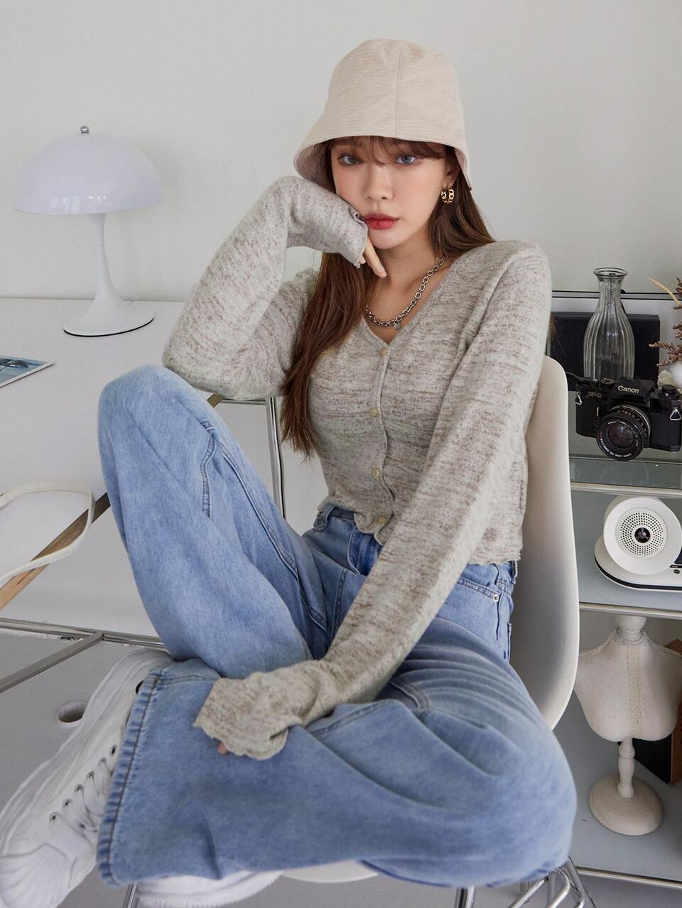 Marled Knit Lettuce Trim Top