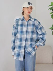 DAZY 格子纽扣前落肩衬衫，秋季服装，法兰绒女式长袖上衣 - 藍白色 - 查看 3