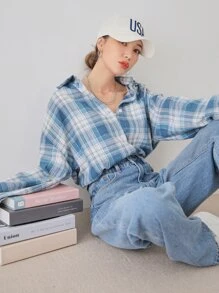 DAZY 格子纽扣前落肩衬衫，秋季服装，法兰绒女式长袖上衣 - 藍白色 - 查看 4