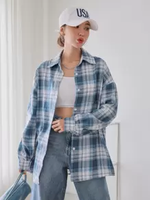 DAZY 格子纽扣前落肩衬衫，秋季服装，法兰绒女式长袖上衣 - 藍白色 - 查看 5