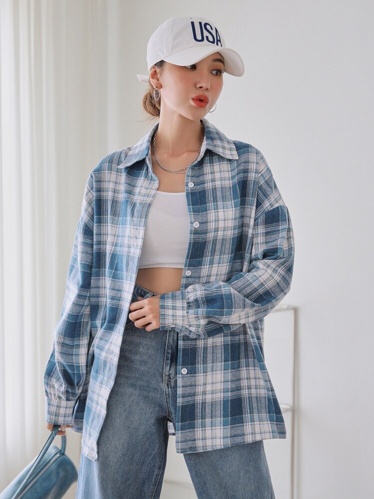 DAZY 格子纽扣前落肩衬衫，秋季服装，法兰绒女式长袖上衣 - 藍白色 - 查看 5