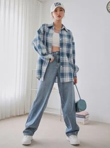 DAZY 格子纽扣前落肩衬衫，秋季服装，法兰绒女式长袖上衣 - 藍白色 - 查看 6