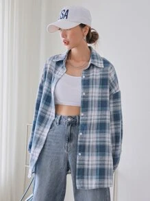 DAZY 格子纽扣前落肩衬衫，秋季服装，法兰绒女式长袖上衣 - 藍白色 - 查看 7